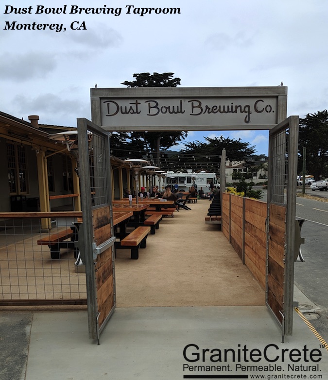 The entrance to Dust Bowl Brewing Co Taproom in Monterey with GraniteCrete patio.