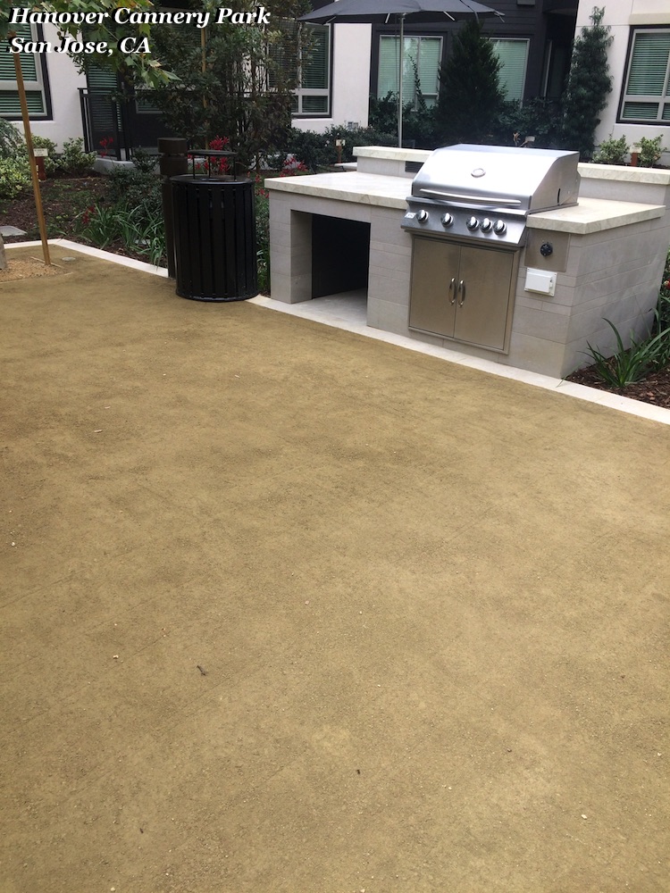 GraniteCrete permeable paving installation at Hanover Cannery Park in San Jose; grilling area and patio.